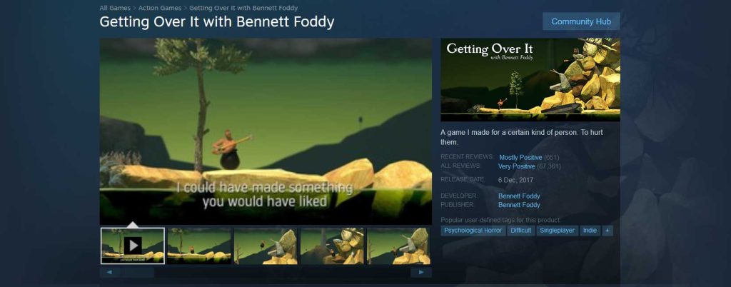 “Getting Over It with Bennett Foddy” is one of those Ragebait games that instantly tests your patience